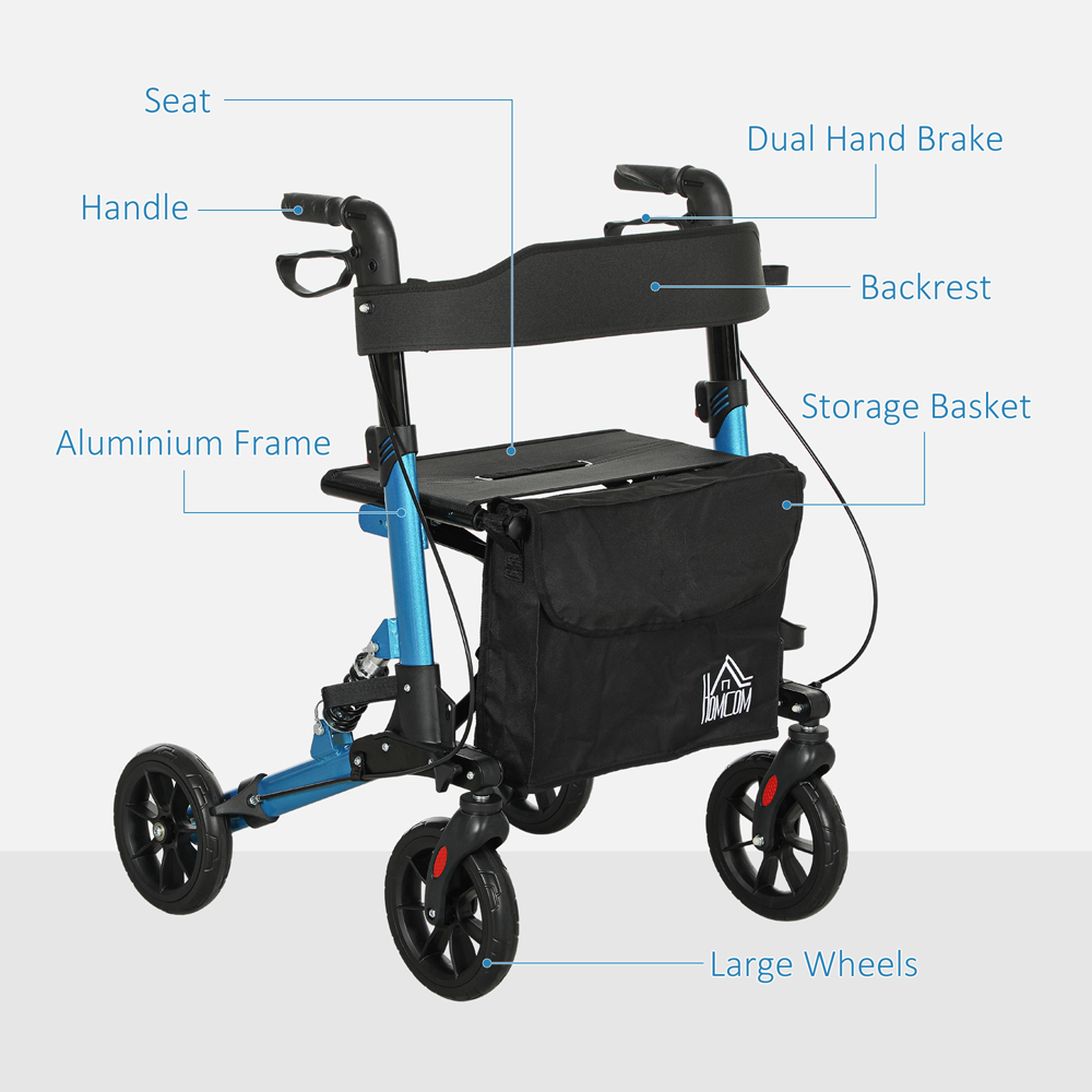 HOMCOM Blue 4-Wheel Foldable Rollator Walker with Suspension Seat and Storage Bag Image 8