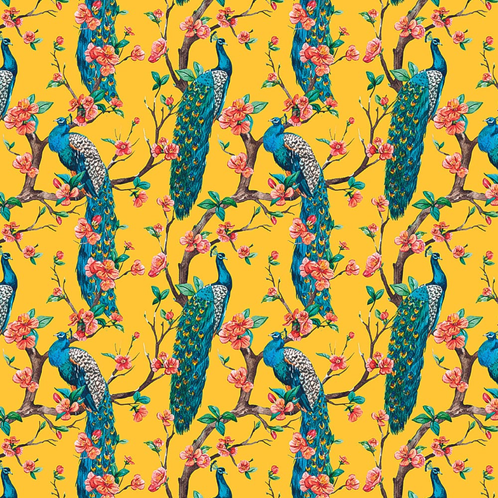 Origin Murals Flowery Peacocks Yellow Wall Mural Image 2