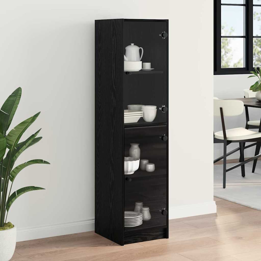 vidaXL 2 Glass Door 4 Shelf Black Oak Slim Highboard Image 1