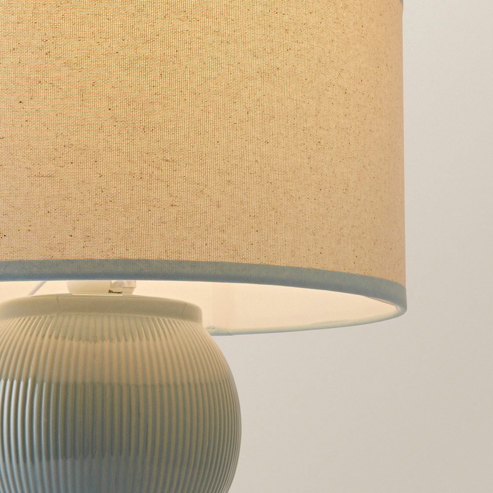 ValueLights Gemma Green Trim Shade Linen with Stacked Ribbed Green Glazed LED Table Lamp Image 3