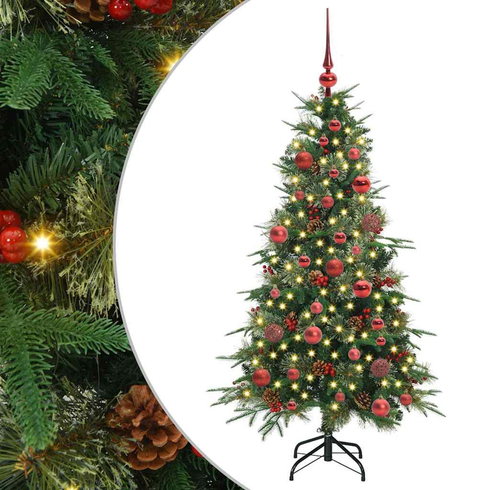 vidaXL Pre-Lit Red Baubles Green Artificial Hinged Christmas Tree 5ft Image 2