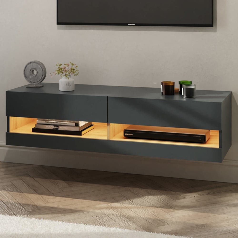 GFW Leon 2 Shelf Anthracite and Oak Wall TV Unit with LED Image 1