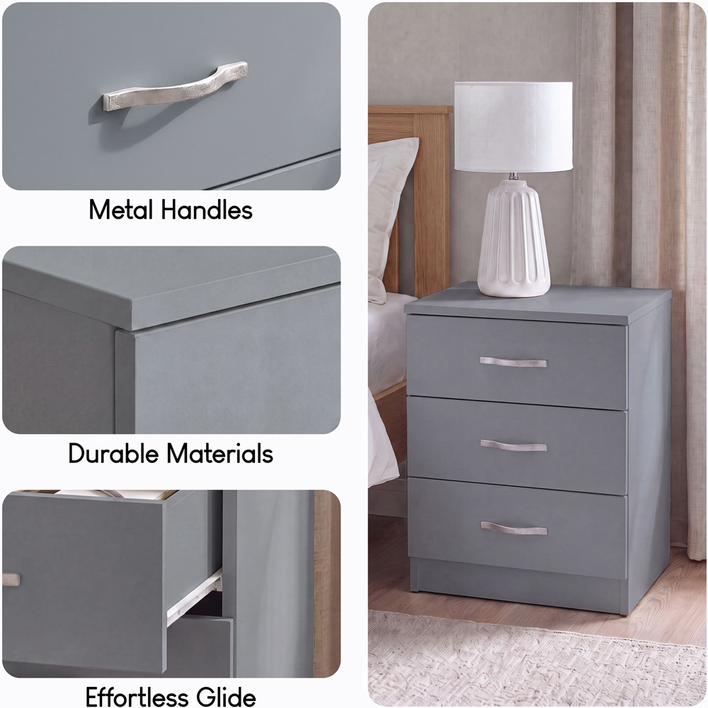 Vida Designs Riano 3 Drawer Grey Melamine Finish Bedside Table Set of 2 Image 5