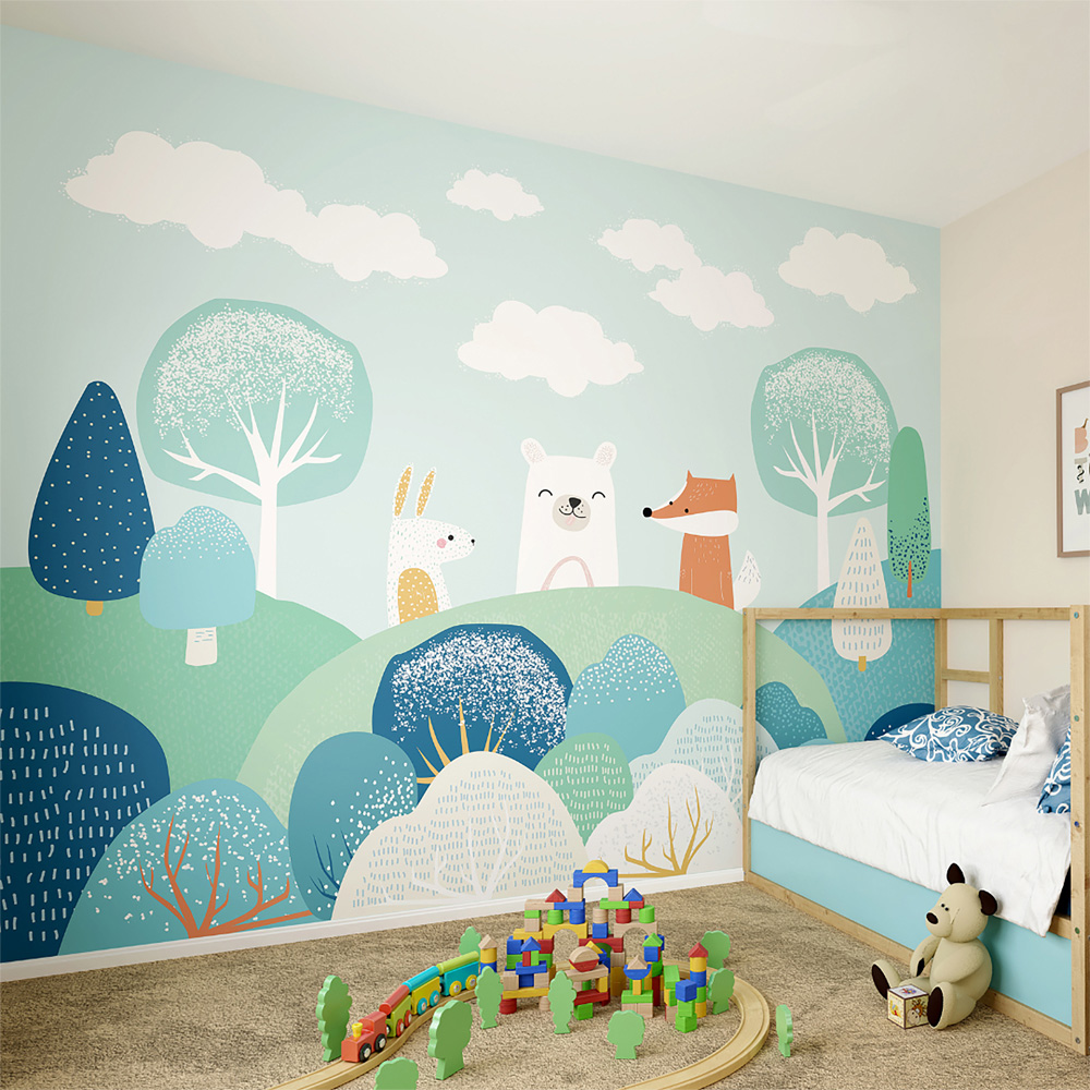 Origin Murals Woodland Friends Blue Wall Mural Image 1