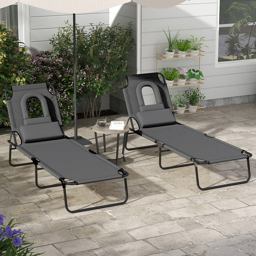 Outsunny Set of 2 Grey Folding Sun Lounger with Reading Hole Image 1
