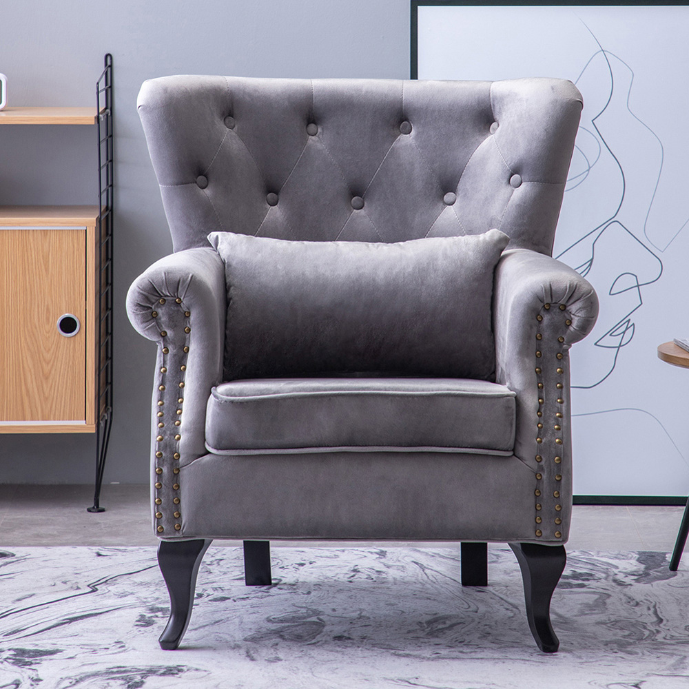 Living and Home Grey Velvet Accent Armchair with Cushion Image 7