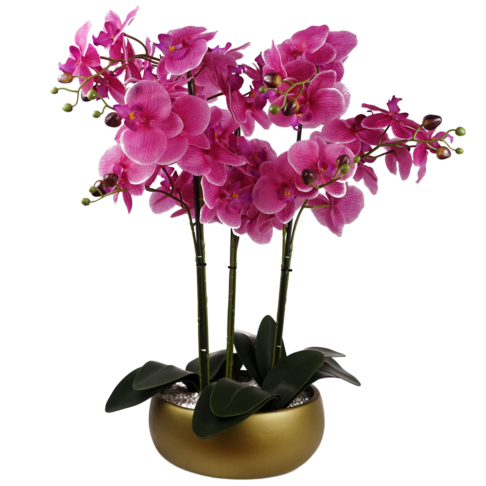 Leaf Pink Orchid Artificial Plant in Gold Ceramic Planter 2ft Image 1