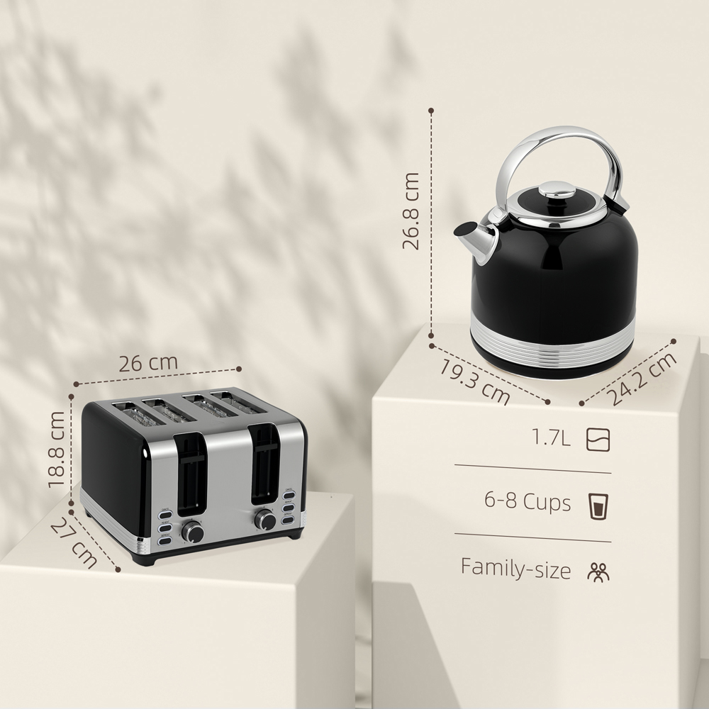 HOMCOM 800-212V70BK Black 1.7L Fast Boil Electric Kettle 3000W and 4 Slice Toaster Set Image 9