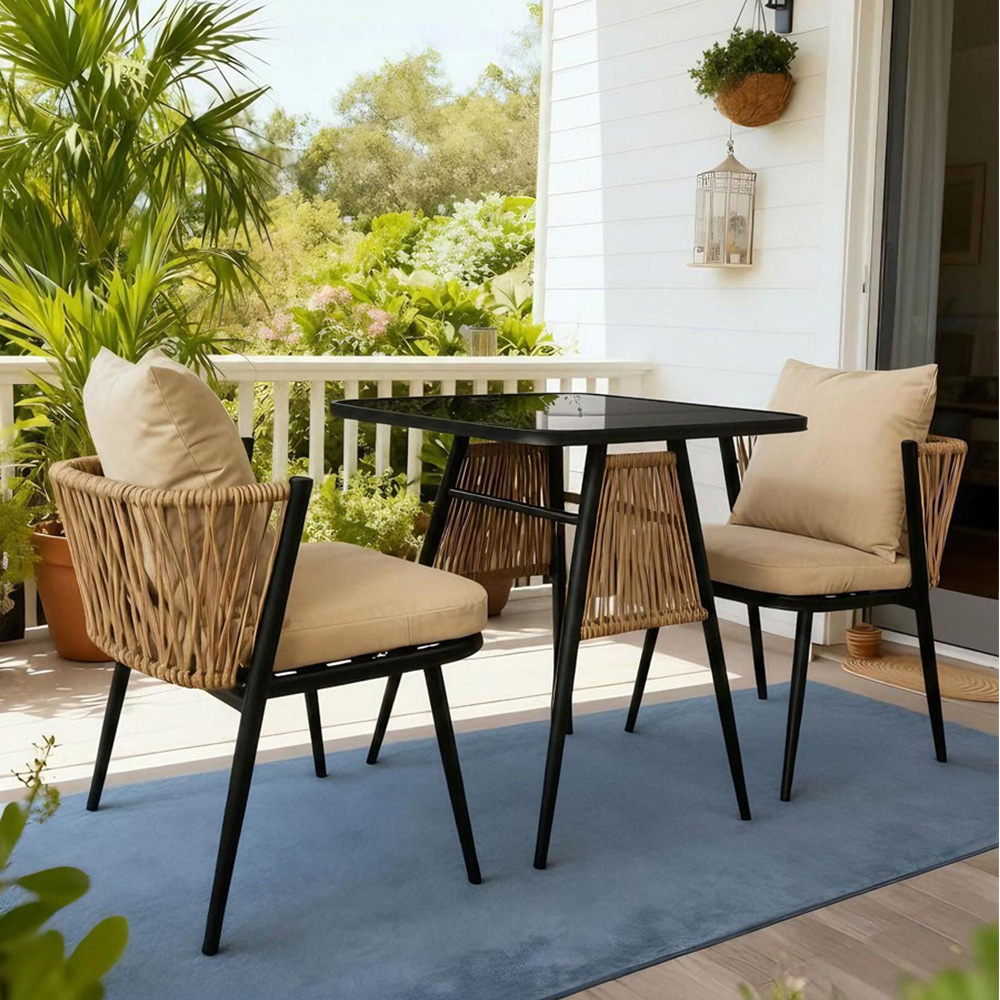 Home Source Valena 2 Seater Natural and Black Rattan Metal Bistro Set Image 1