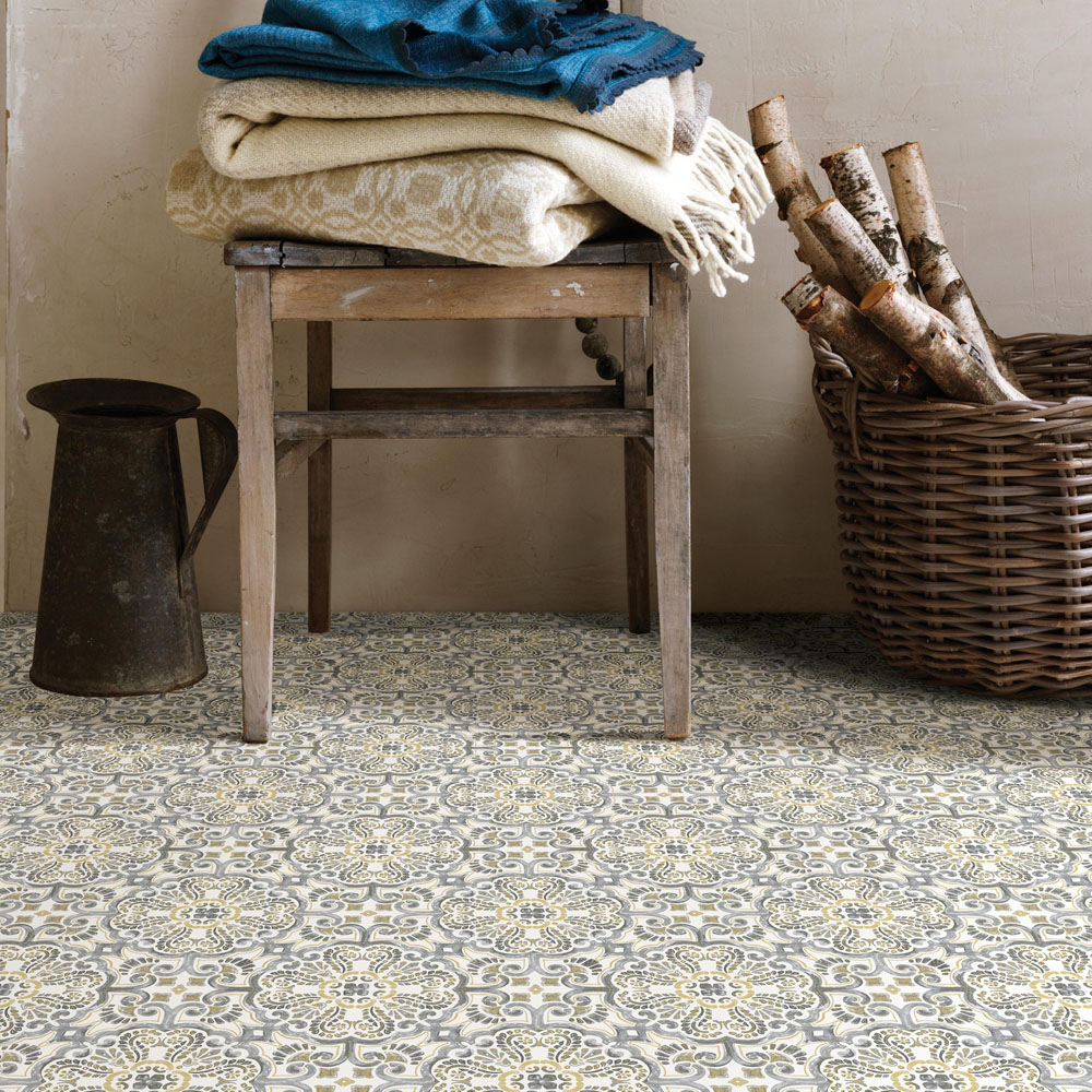Floorpops Antico Yellow and Grey Peel and Stick Floor Tile 30.48 x 30.48cm 10 Pack Image 1