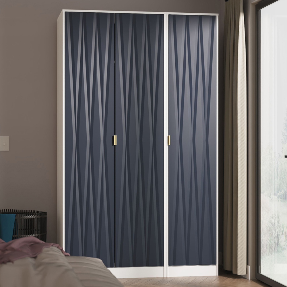 Crowndale Diamond 3 Door Indigo Matt and White Tall Wardrobe Ready Assembled Image 1