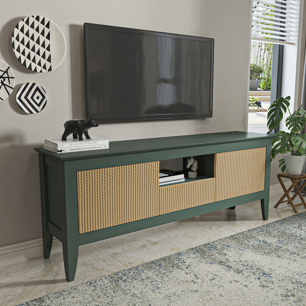 Decorotika Verde 3 Door Single Shelf Green and Rattan TV Unit Image 7