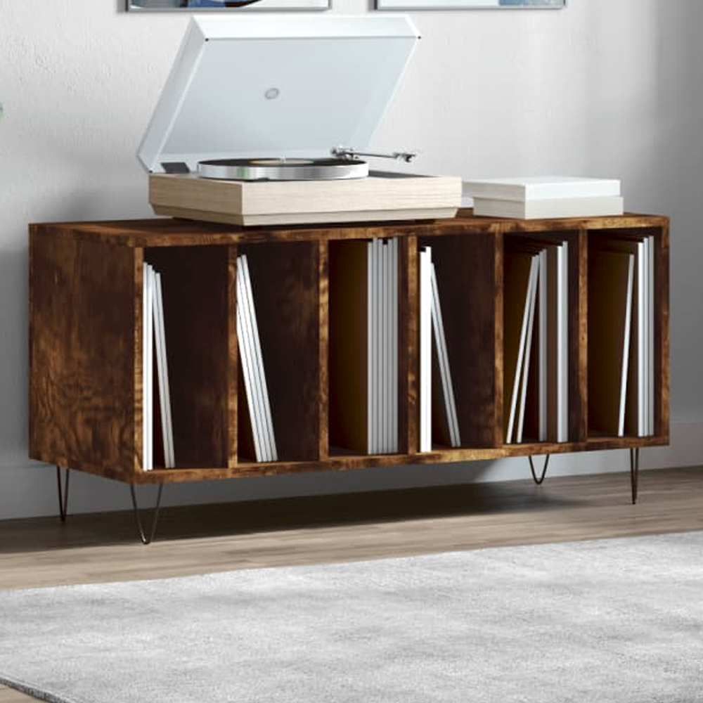 vidaXL 6 Shelf Smoked Oak Record Cabinet Image 1