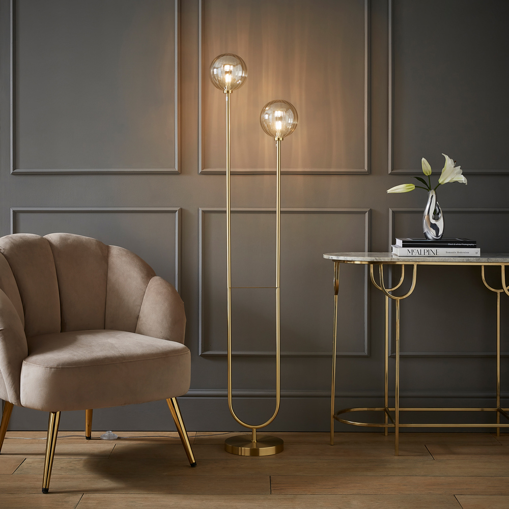 ValueLights Chessy 2 Way Ribbed Glass Gold Stem LED Floor Lamp Image 2
