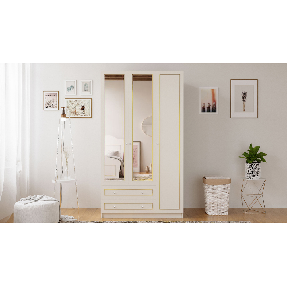 Evu MARIE 3 Door 2 Drawer Gold and White Mirrored Wardrobe Image 5