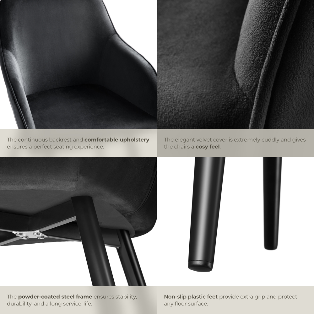 tectake Marilyn Set of 4 Black Velvet Look Padded Dining Chairs Image 5