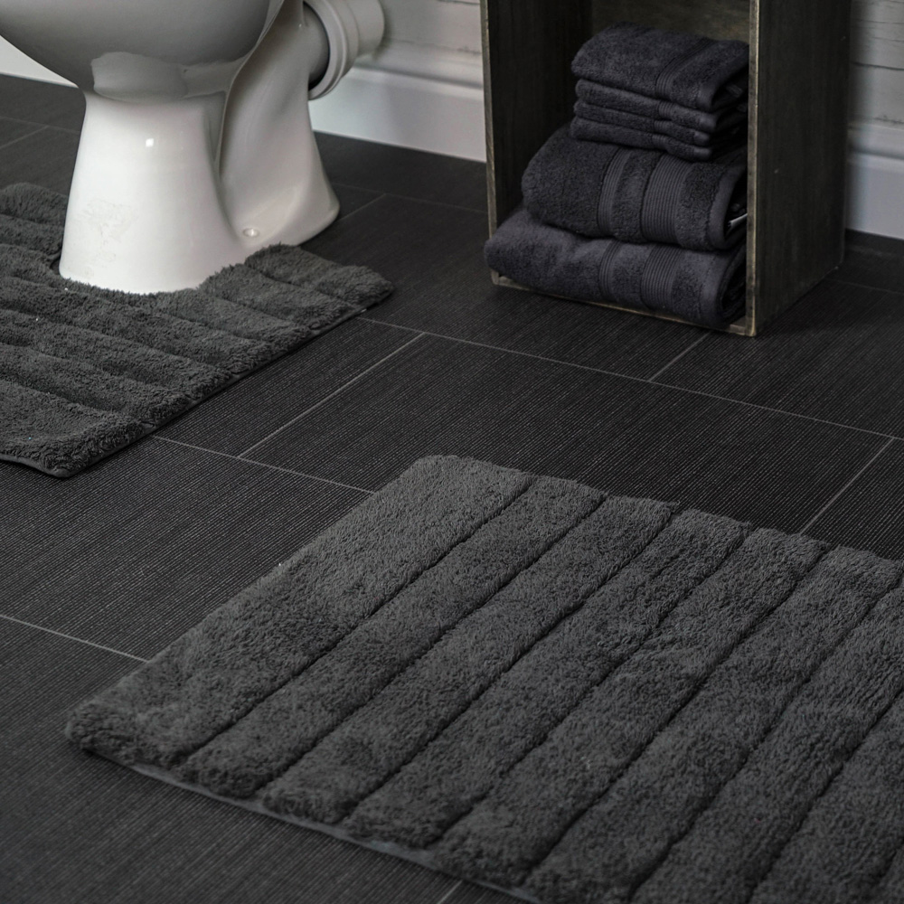 Allure Bath Fashions Charcoal Grey Ribbed Bath Mat and Pedestal Mat Set 2 Piece Image 2
