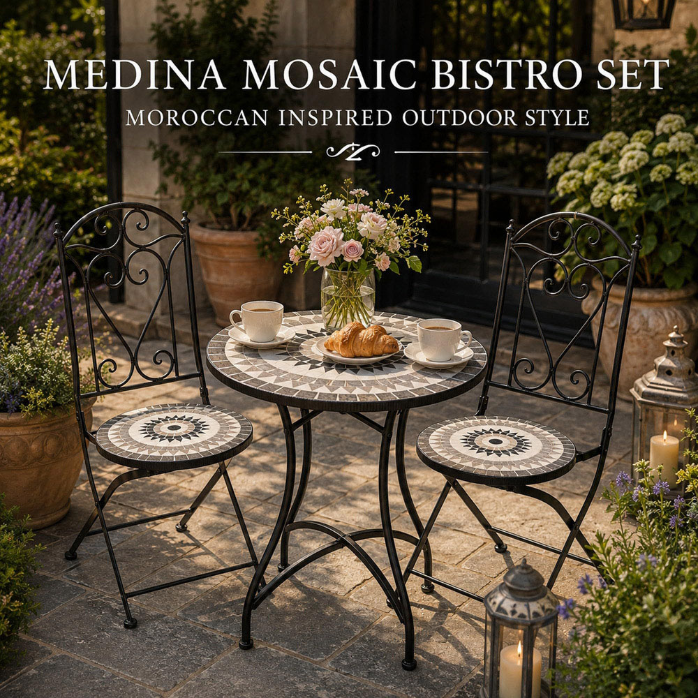 Shatchi Medina 2 Seater Mosaic Ceramic Tile Top Foldable Bistro Set Image 6
