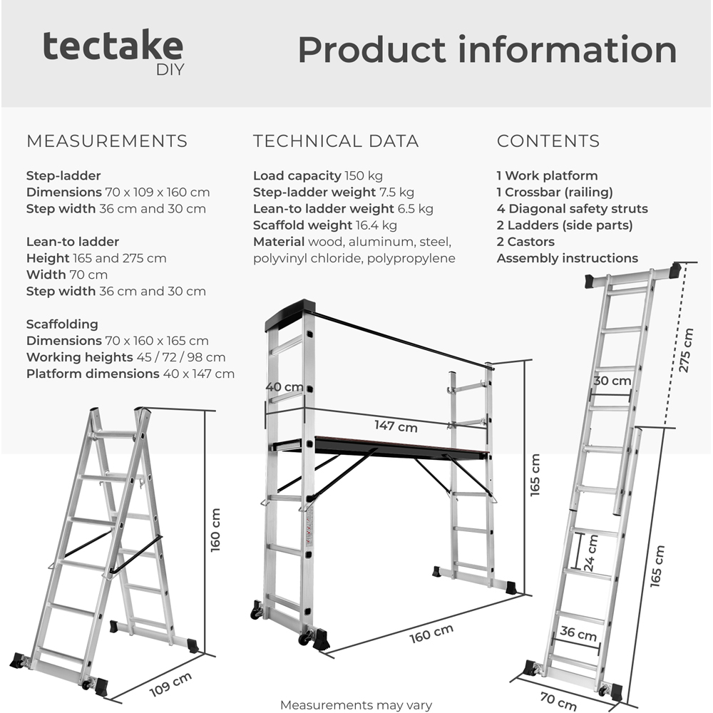 Tectake 3 in 1 Silver Aluminium Non Slip Ladder with 2 Practical Wheels Image 9