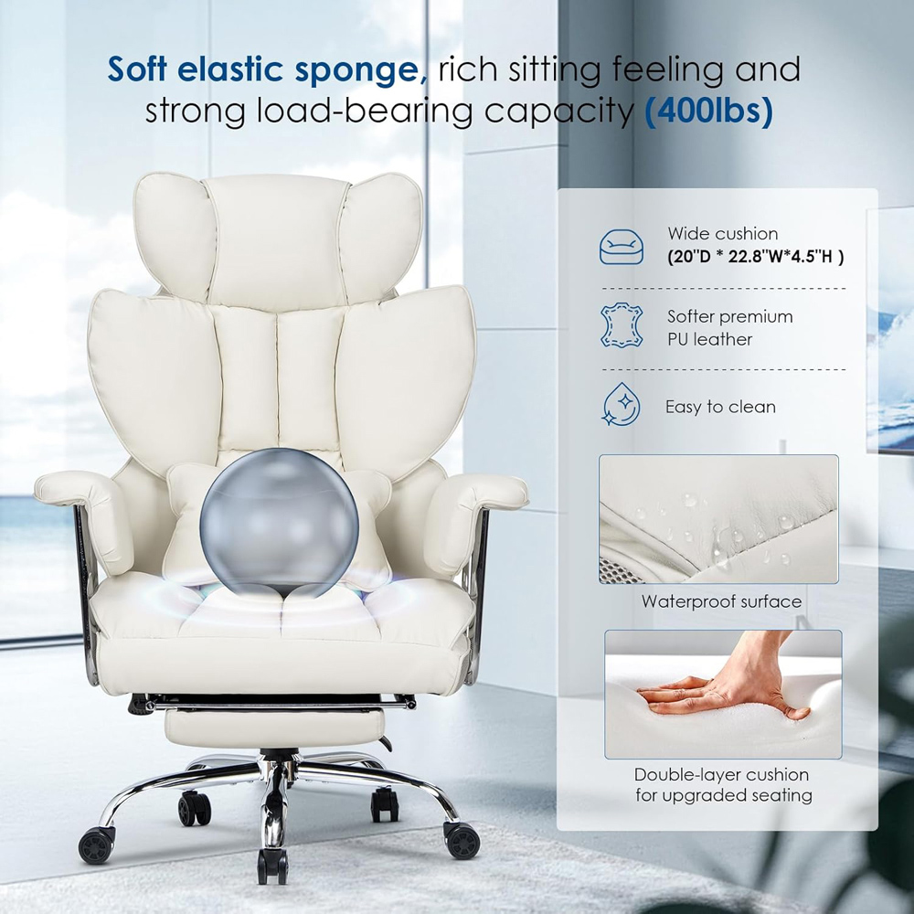 Rattrix White Leather Ergonomic High Back Swivel Office Chair with Footrest Image 4
