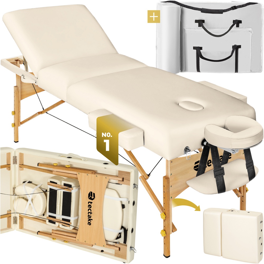 tectake Beige 3 Zone Portable Adjustable Massage Table with Headrest Armrests and Carry Bag Image 3