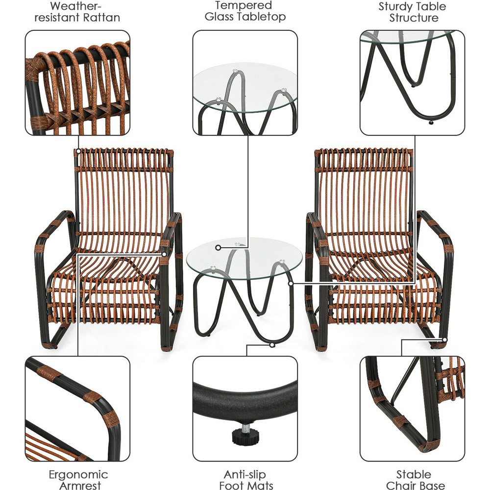 Costway 2 Seater Glass Rattan Bistro Set Image 6
