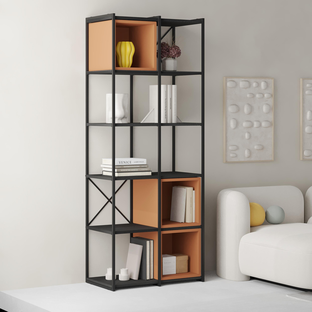 Decortie Vale Midi 10 Shelf Black Wood and Cinnamon Bookcase Image 4