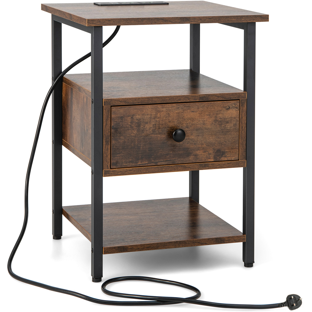 Costway Single Drawer 2 Shelf Brown Nightstand with Charging Station Image 2