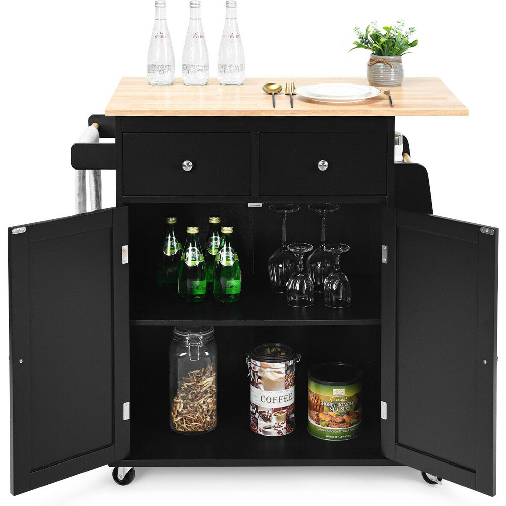 Costway Black Kitchen Island with Rubber Wood Countertop and Storage on Wheels Image 3