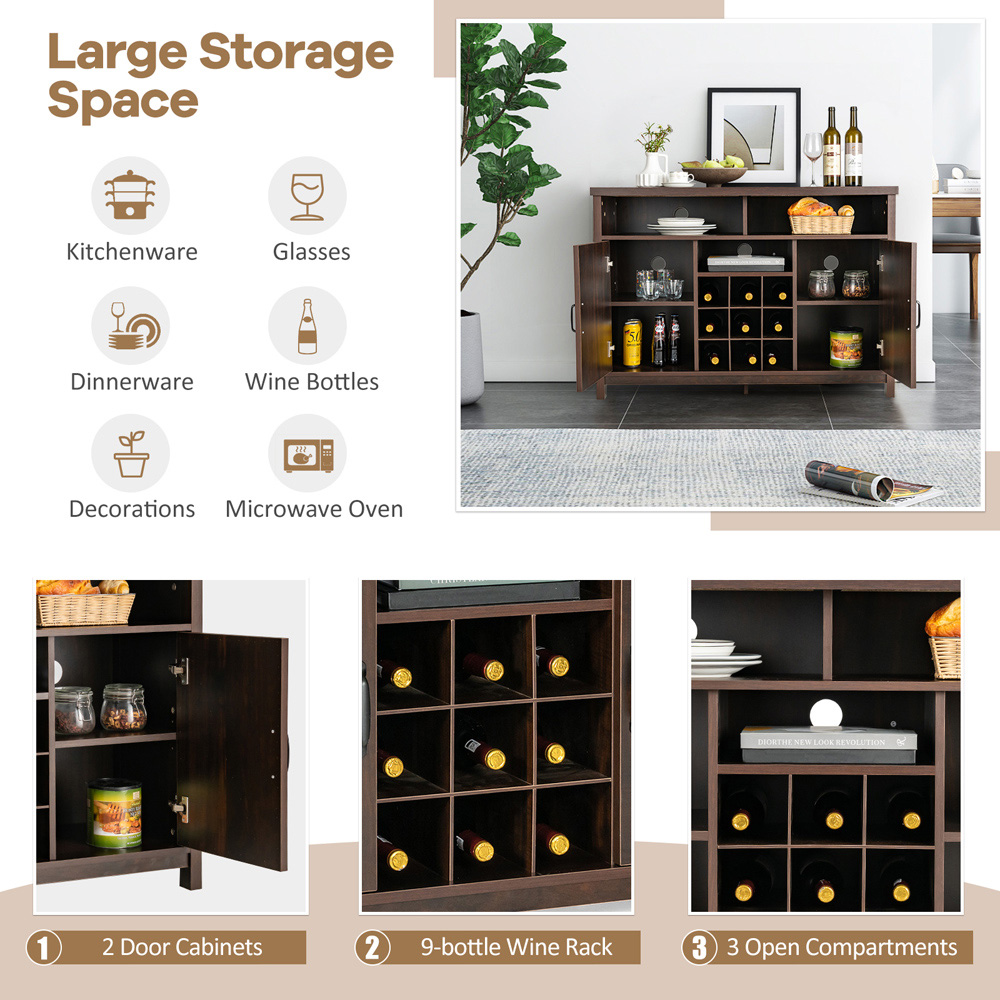 Costway 2 Door 2 Shelf Dark Brown Buffet Storage Cabinet with Detachable Wine Rack Image 7