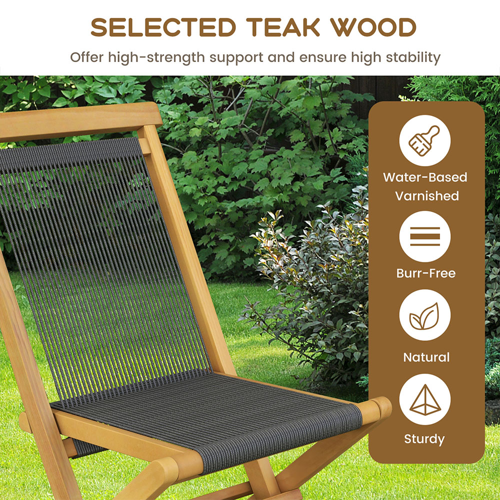 Costway Set of 2 Woven Teak Wood Foldable Garden Dining Chairs Image 7