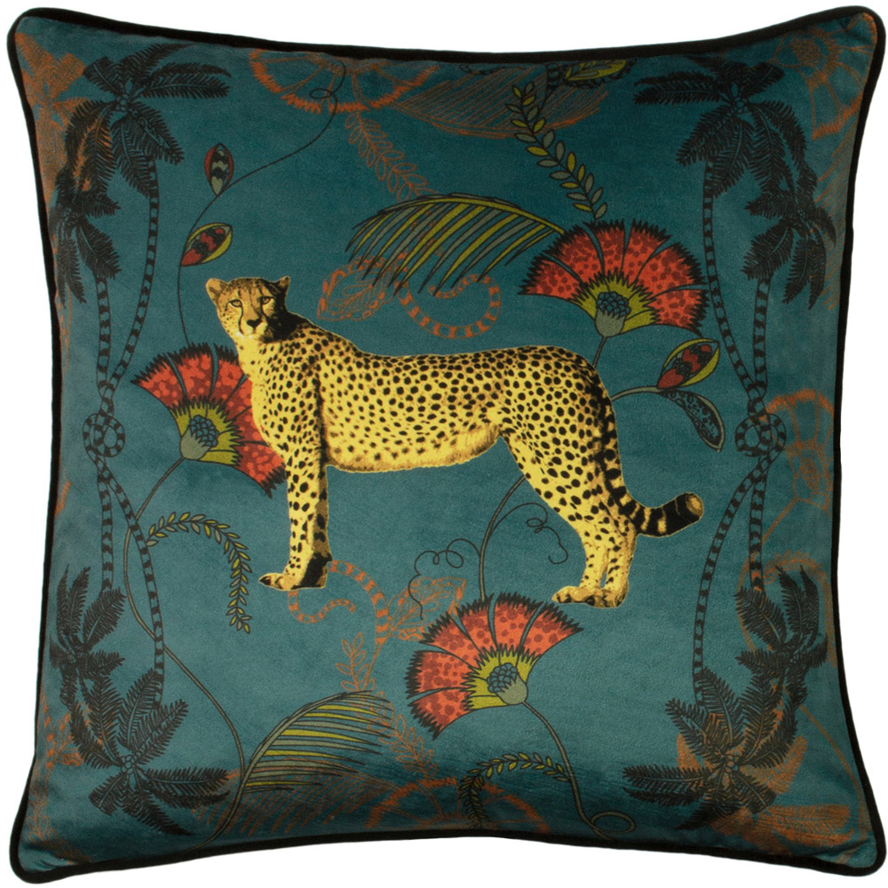 Paoletti Teal Tropical Cheetah Velvet Touch Piped Cushion Image 1