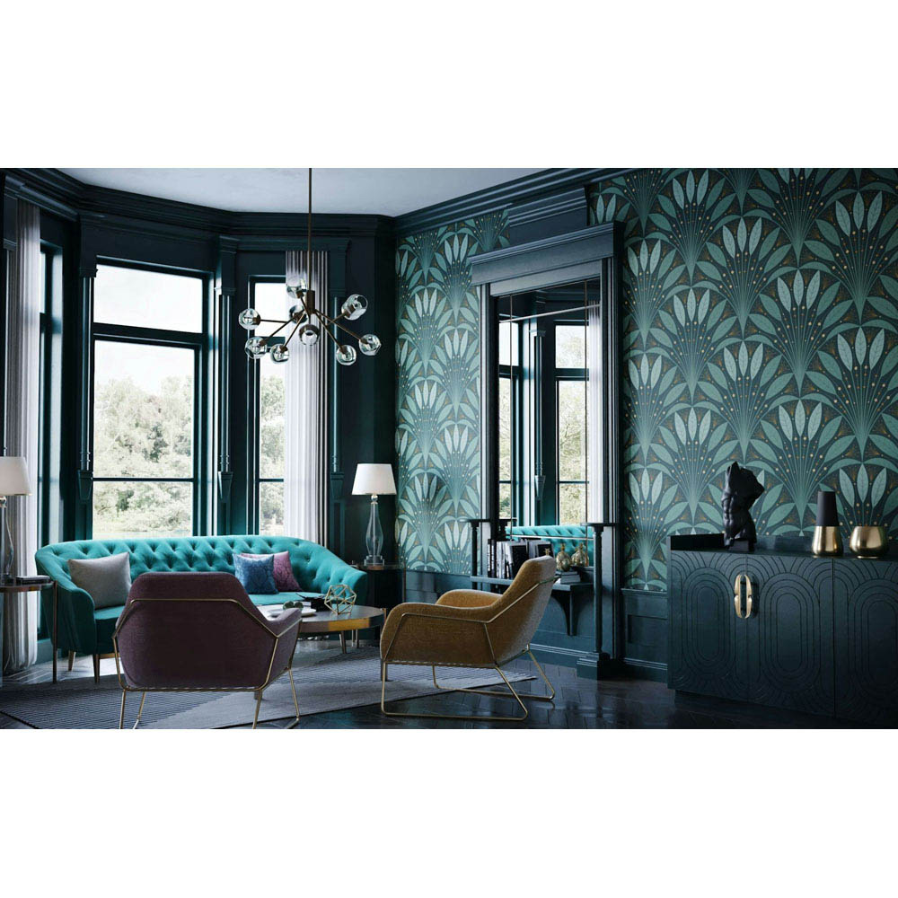 Bobbi Beck Eco Luxury Art Deco Leaf Fan Green Wallpaper Image 3