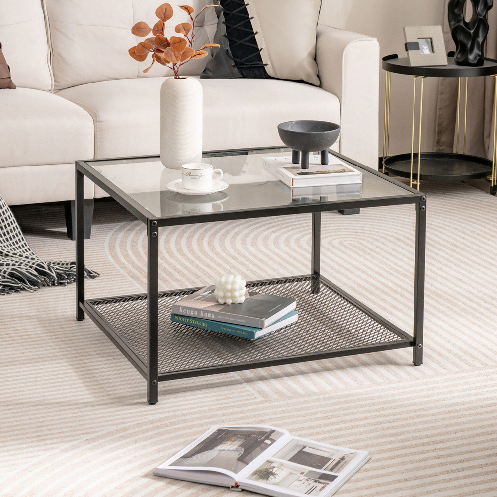 Costway 2 Tier Black Square Glass Coffee Table Image 3