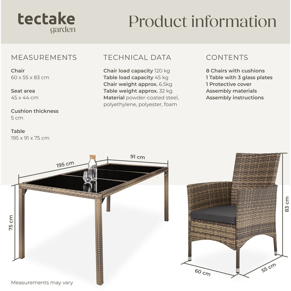 tectake Valencia 8 Seater Nature and Dark Grey Dining Table Set with Cover Image 6