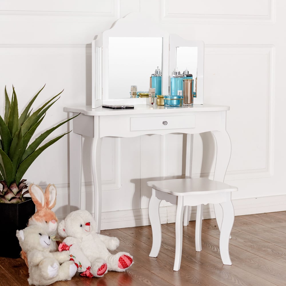 Costway Kids Single Drawer White Vanity Dressing Table Set with Mirror Image 7