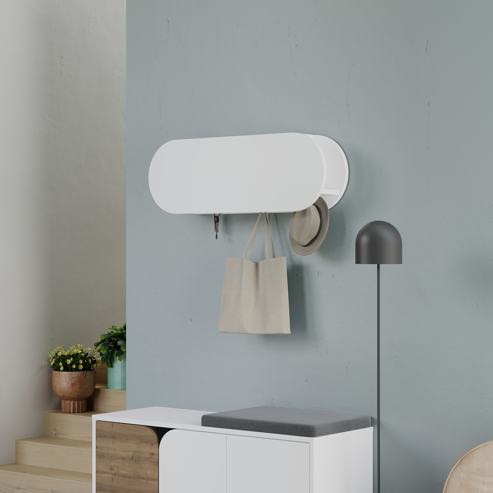 Decortie Kroma 6 Hook Single Door White Modern Wall Mounted Coat Hanger with Storage Cabinet Image 2