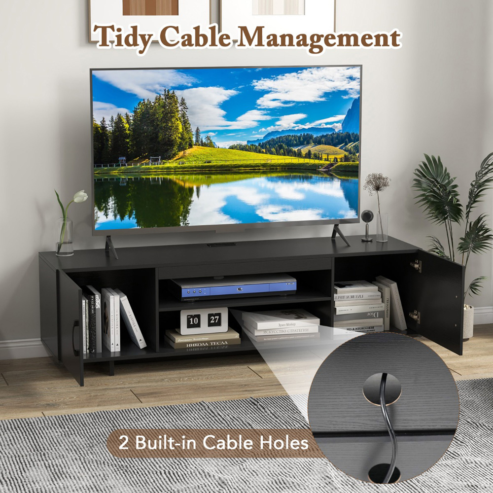 Costway 2 Door 2 Shelf Black TV Stand with Cable Holes and Power Outlet Image 7