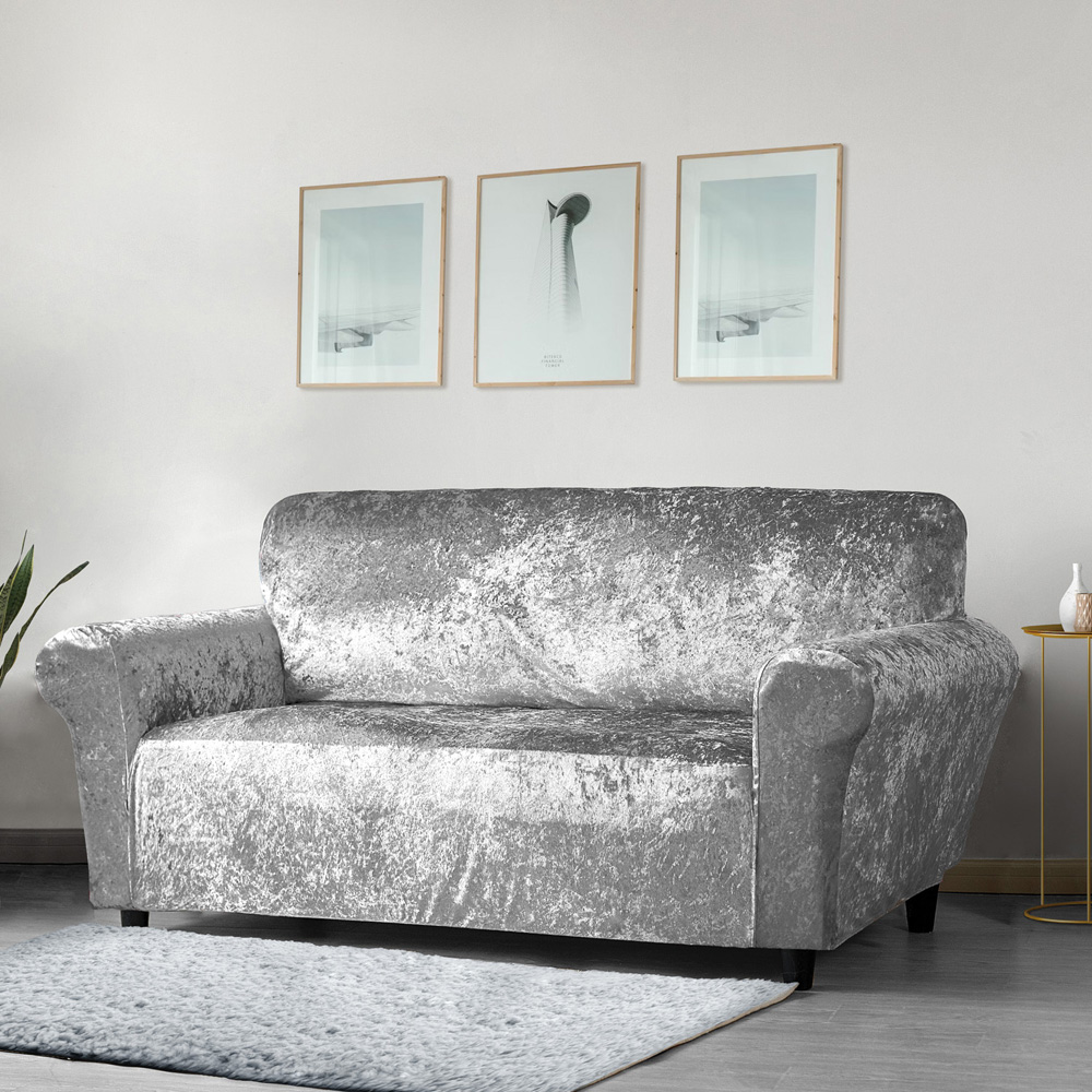 Homerepublic 3 Seater Silver Crushed Velvet Stretch Fit Sofa Cover Image 2