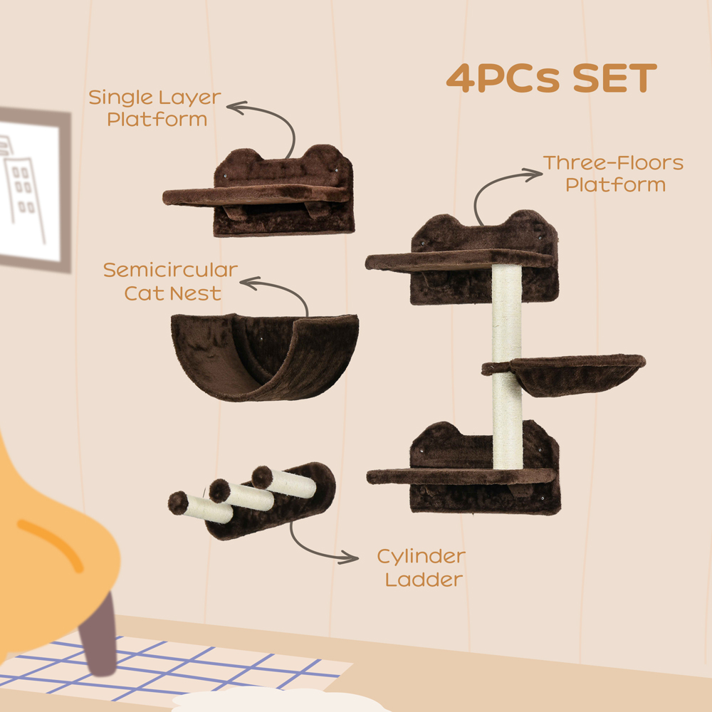 PawHut 4 Piece Wall Mounted Dark Brown Cat Wall Shelves with Scratching Post Image 5