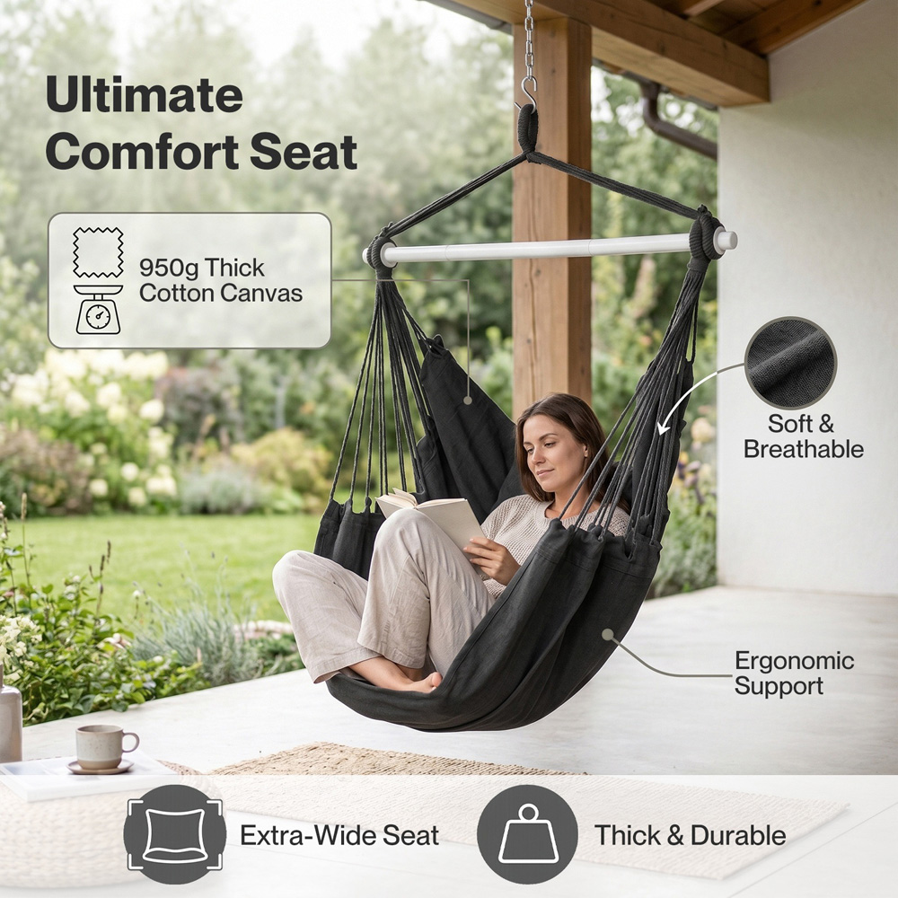 Mountview Grey Hanging Rope Swing Seat Indoor and Outdoor Hammock Chair with Cushions Image 4