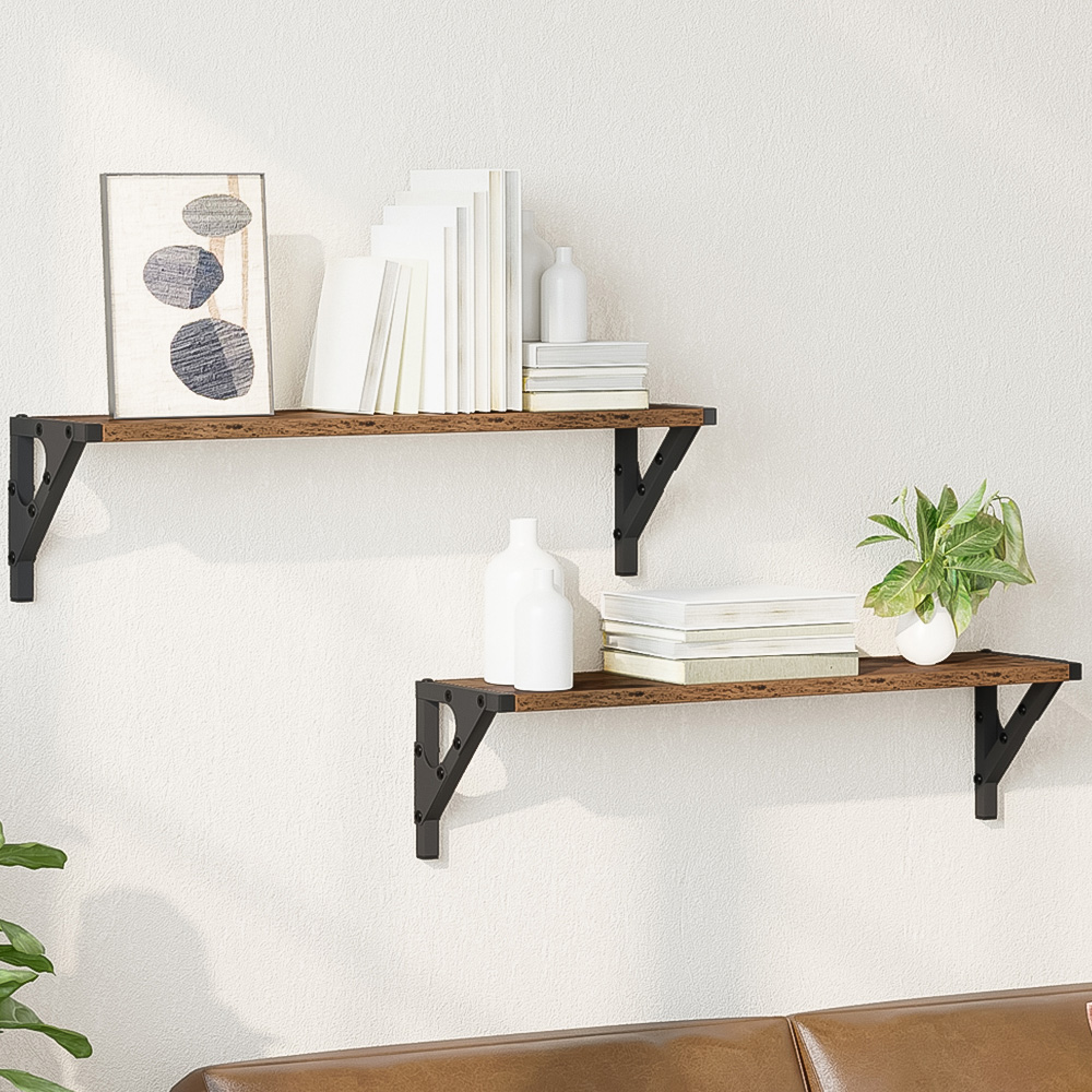 vidaXL 60cm Brown Oak Wall Shelf Set of 2 Image