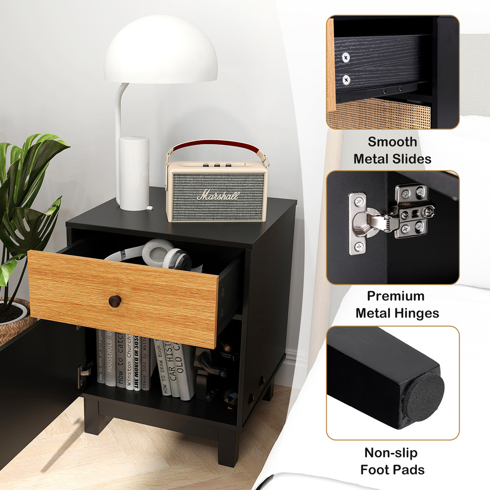 Costway Single Door Single Drawer Black Modern Rattan Nightstand Image 6