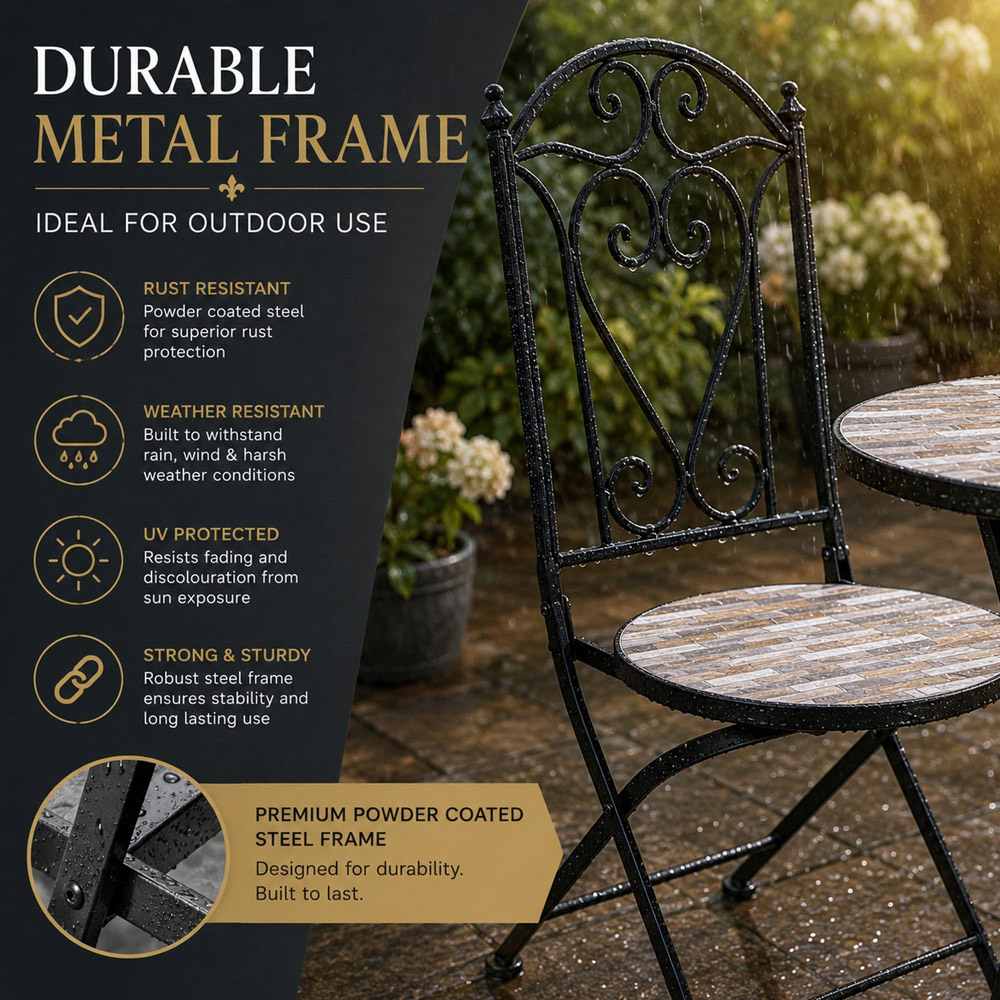 Shatchi Oasis 2 Seater Mosaic Ceramic Tile Top Foldable Bistro Set Image 6
