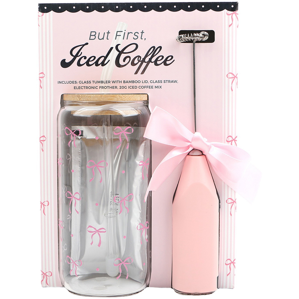 Bow Design Iced Latte Glass and Frother Set Pink Image 1