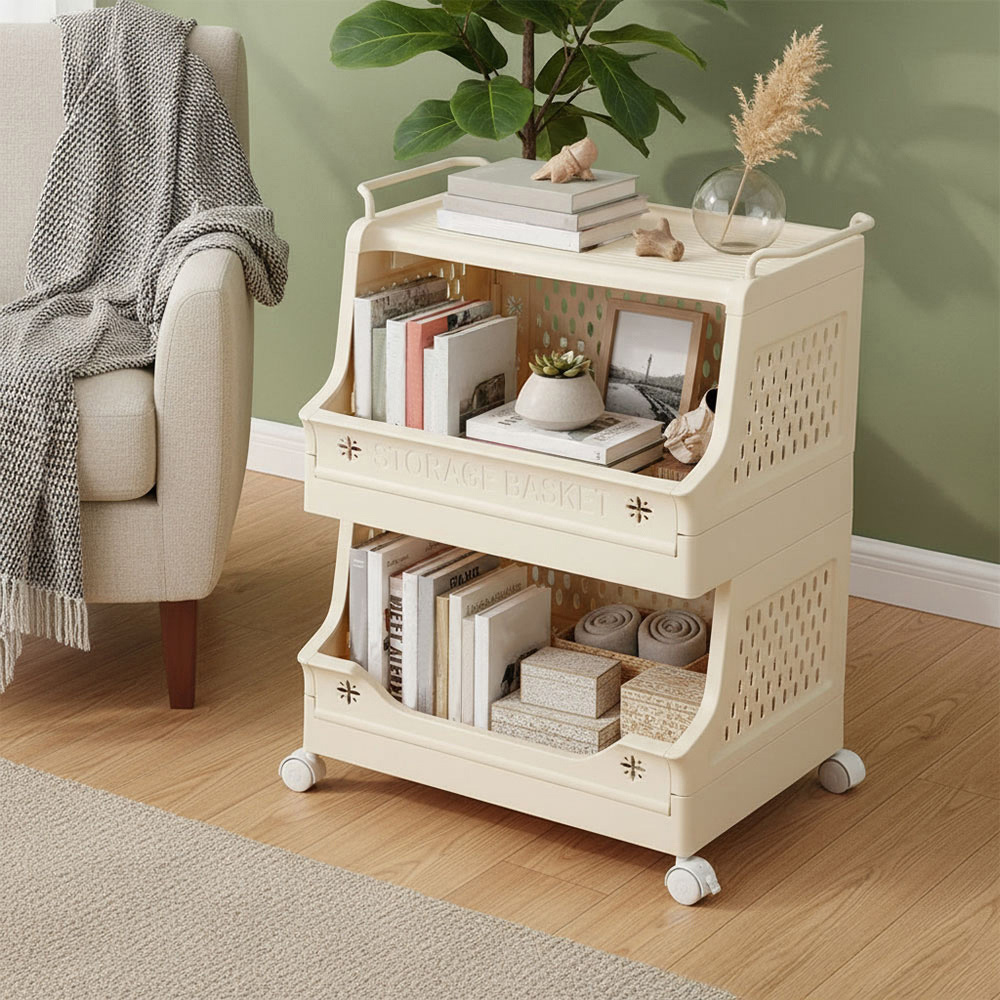 Living and Home 3-Tier Cream Foldable Plastic Storage Trolley Cart with Handles Image 2