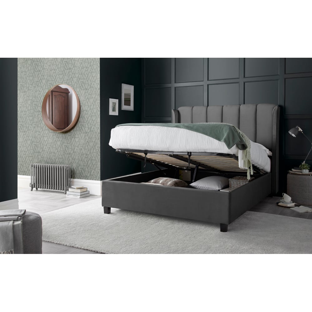 Aurora King Size Grey Velvet Ottoman Bed Image 2