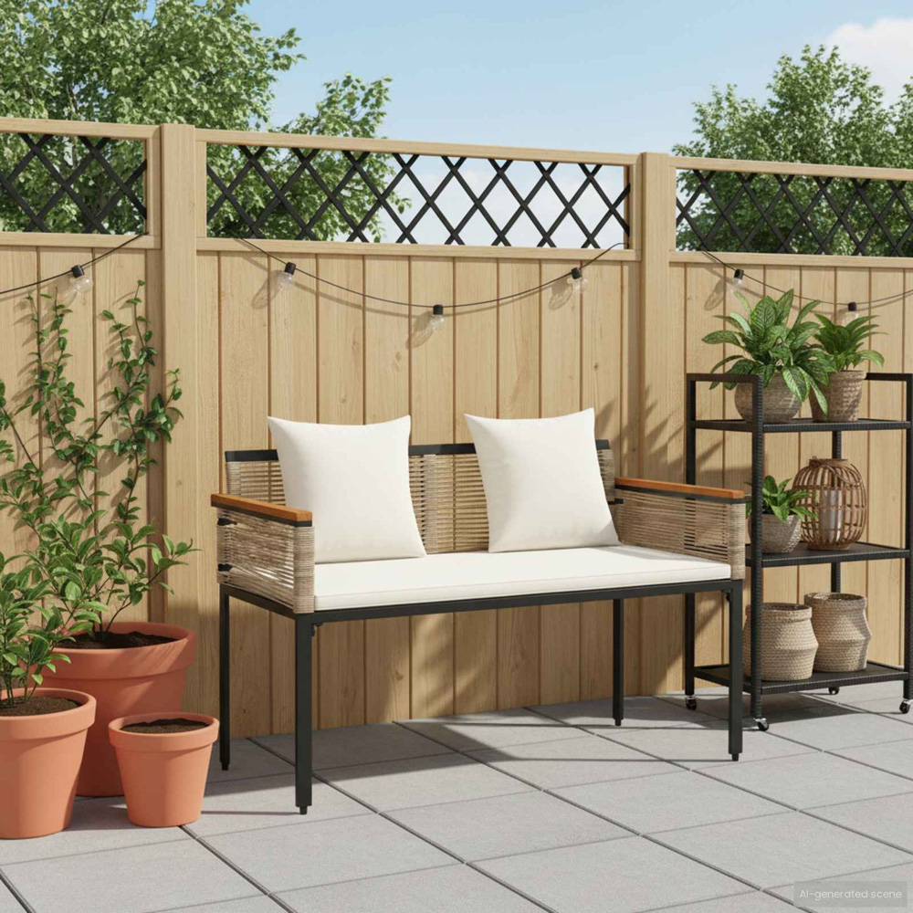 vidaXL Beige and Cream White Poly Rattan Garden Bench with Cushion 117 x 54 x 74.5cm Image 8