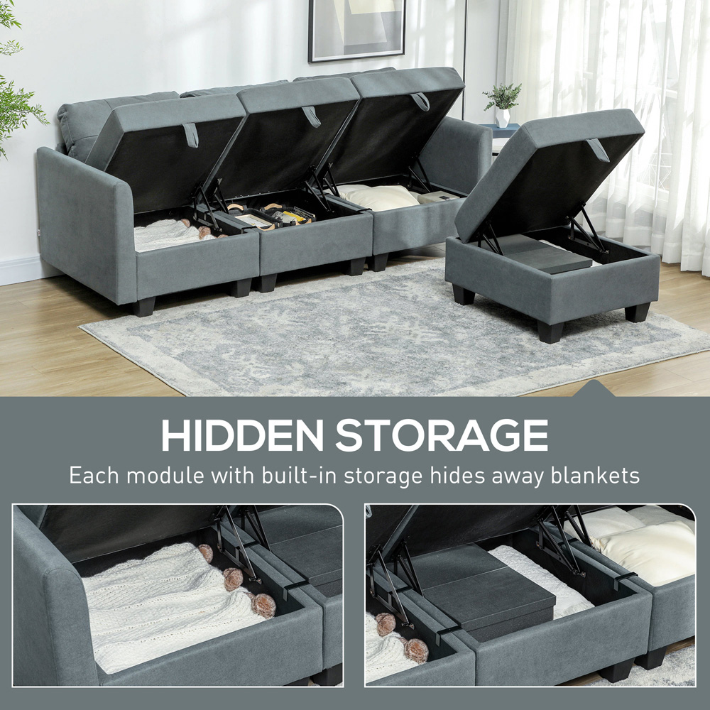 HOMCOM 3 Seater Grey Modular L Shaped Sofa with Storage Image 5