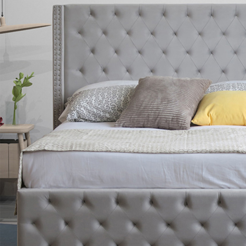 Brooklyn Double Light Grey Plush Velvet Ottoman Bed with Winged Headboard Image 2